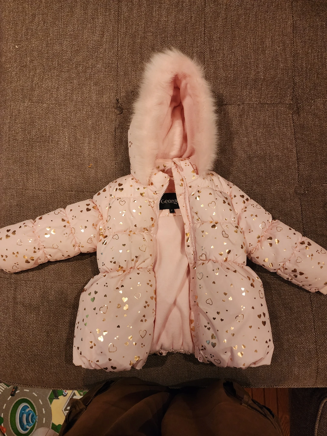 George Pink Heart Puffer Jacket with Fur Hood