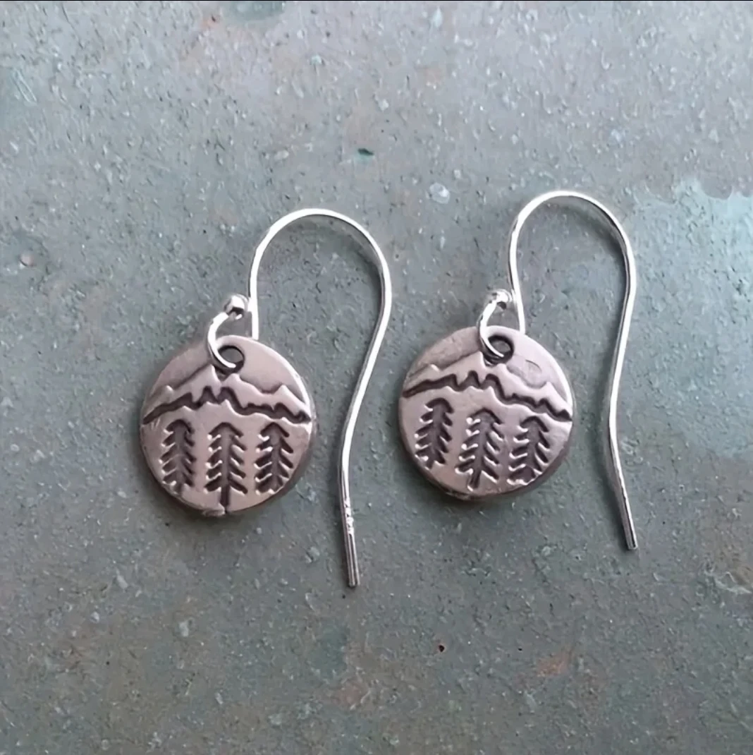 NEW Sterling Silver .925 Mountain & Pine Tree Disc Drop Earrings - photo 2