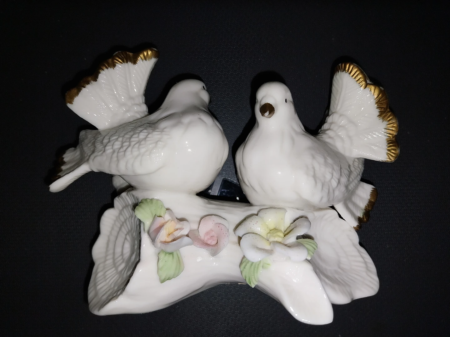 White Porcelain Doves Figurine with Gold Trim