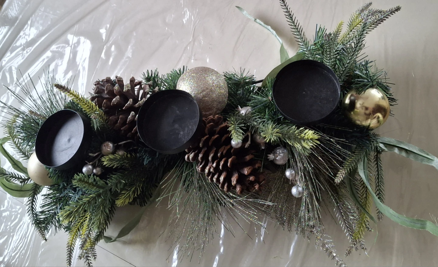 Candle Centerpiece with Pinecones and Ornaments