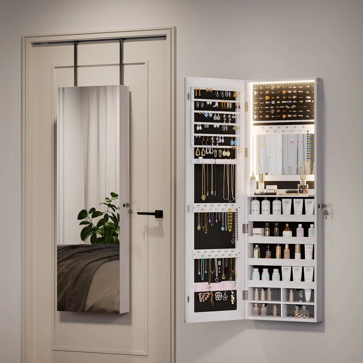 New Mirror with Hanging Jewelry Cabinet with LED Lights White