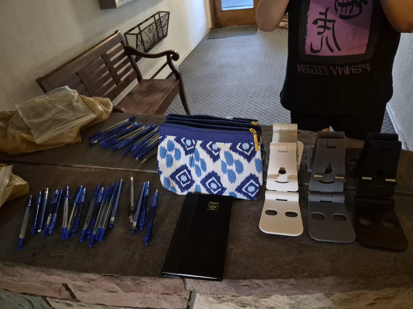 Bulk Lot of Blue Pens and Phone Stands