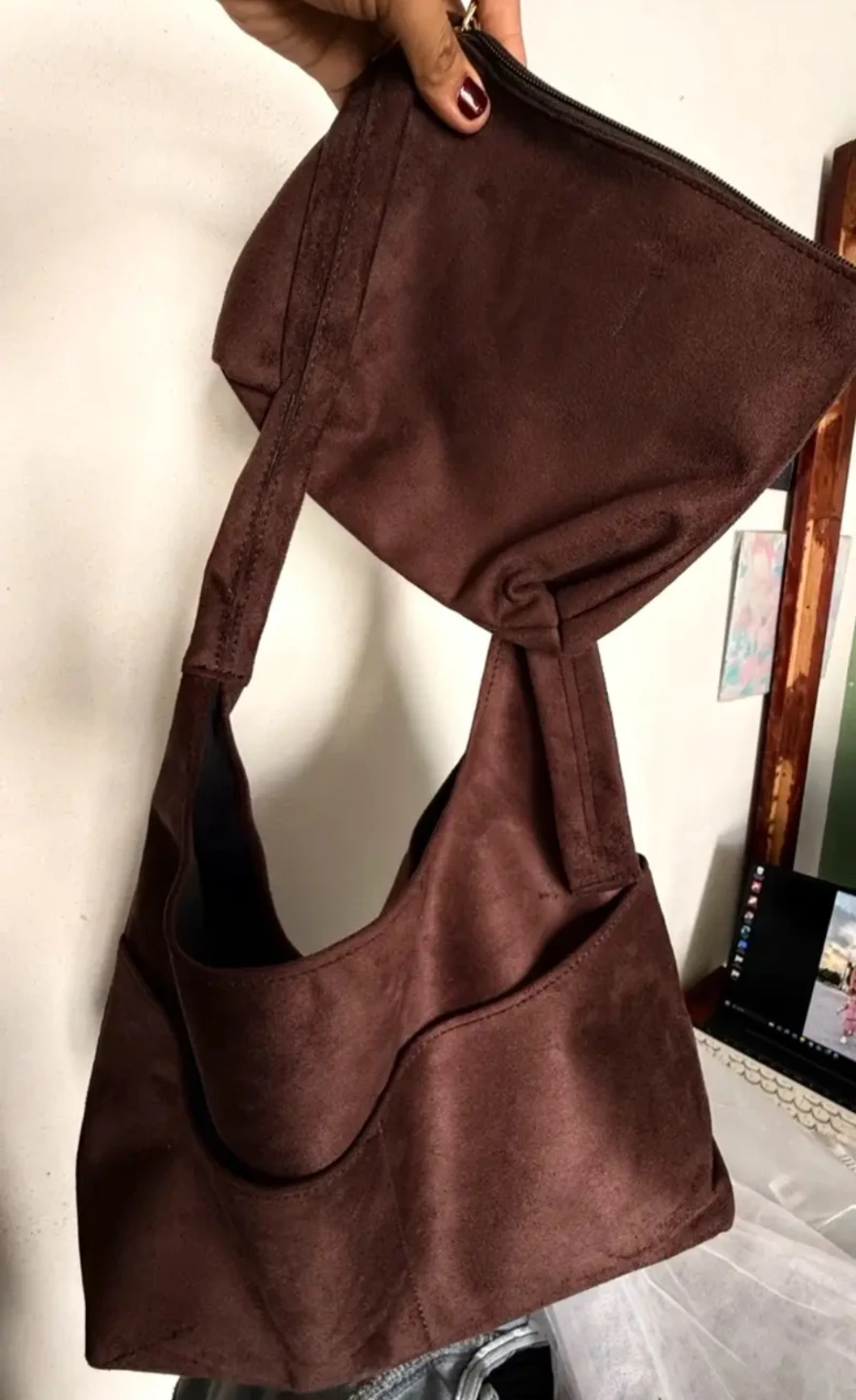Brown Suede Shoulder Bag with Matching Pouch - photo 3