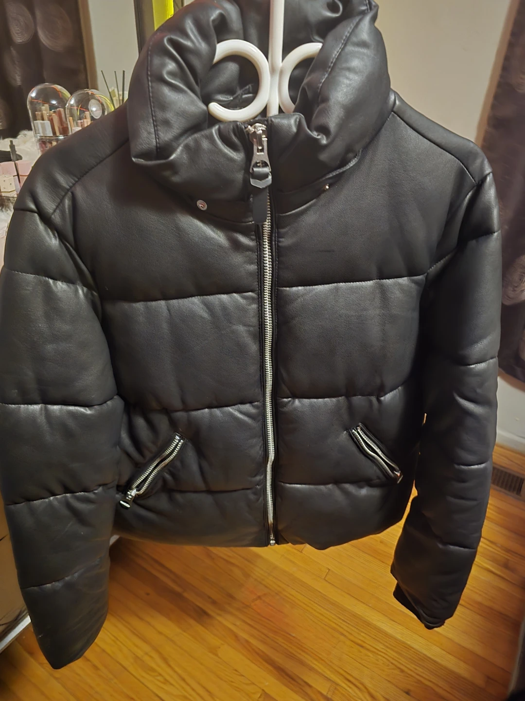 Black Faux Leather Puffer Jacket
