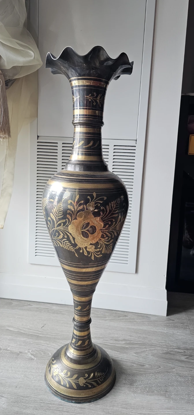 Decorative Brass Vase with Floral Design
