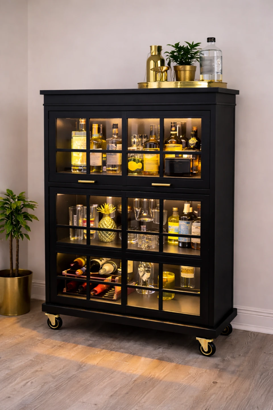 Black Bar Cabinet with Glass Doors and Wheels