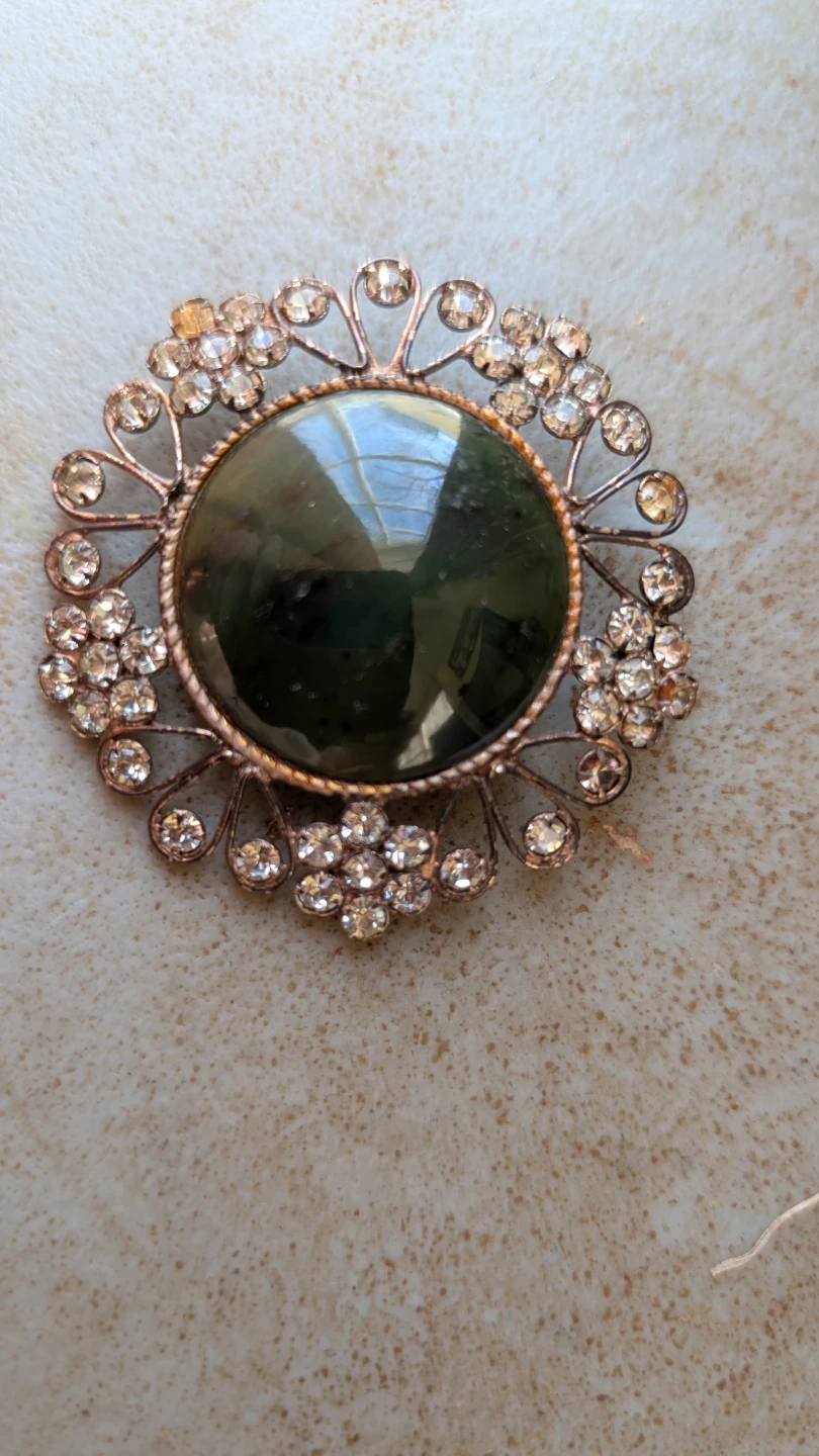 Vintage Green Stone Brooch with Rhinestones