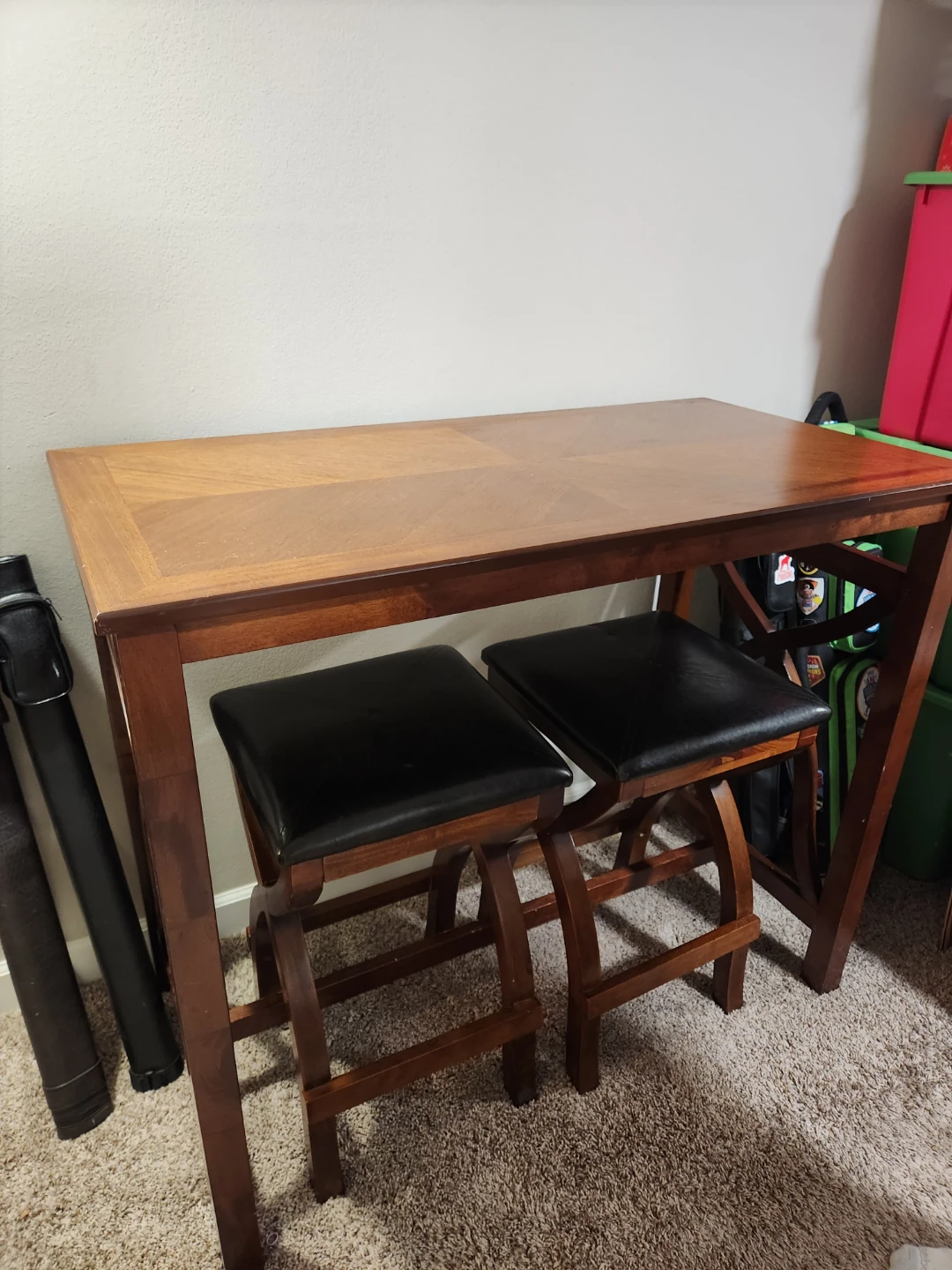 Wooden Bar Table with 2 Black Stool Seats