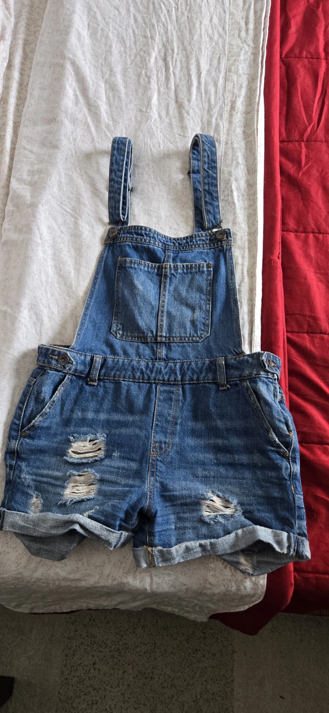Distressed Denim Short Overalls