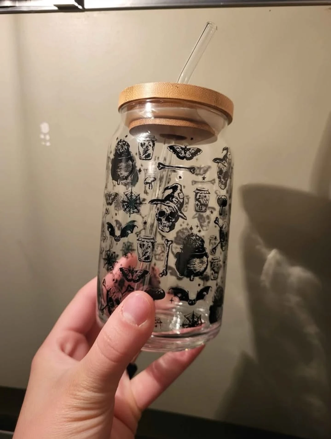 Glass Tumbler with Halloween Theme and Bamboo Lid