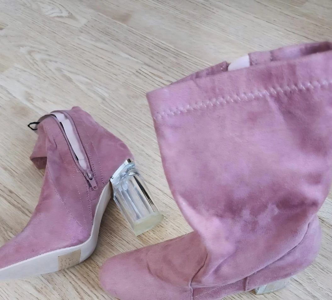 Pink Suede-like Ankle Boots with Clear Block Heels - photo 4