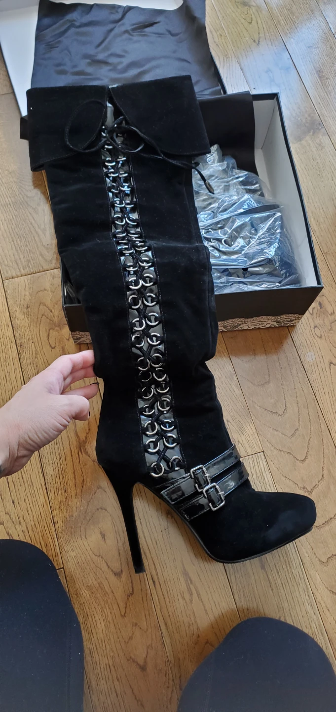 Black Suede Knee-High Boots with Buckles