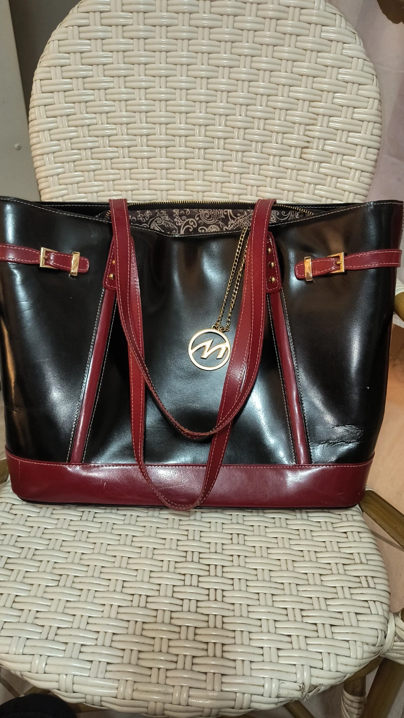 Black and Burgundy Leather Tote Bag