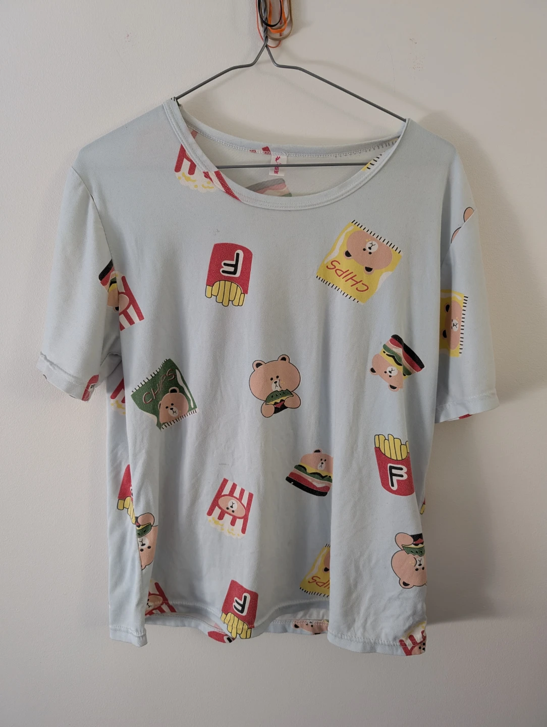 Cute Graphic T-Shirt with Bear and Fast Food Chips Print