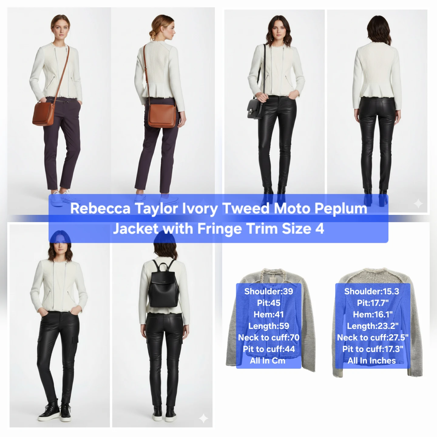 Rebecca Taylor Ivory Tweed Moto Peplum Jacket Size 4