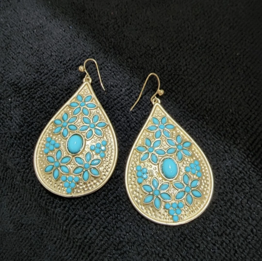 Gold Colour Teardrop Earrings with Turquoise Accents - photo 2