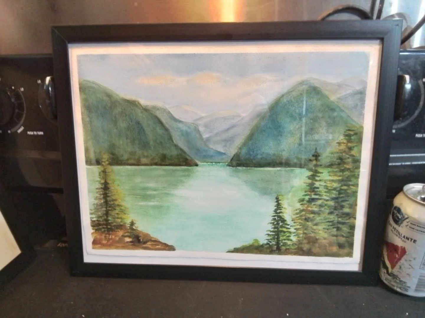 Framed Watercolor Painting of a Lake and Mountains