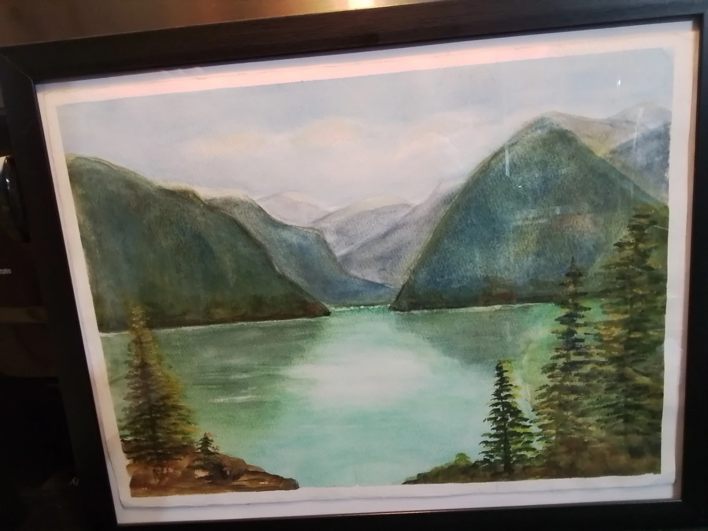 Framed Watercolor Painting of a Lake and Mountains - photo 3