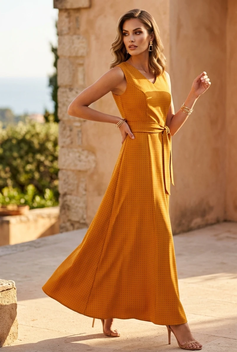 Women's Sleeveless Yellow Polka Dot Maxi Dress - photo 3