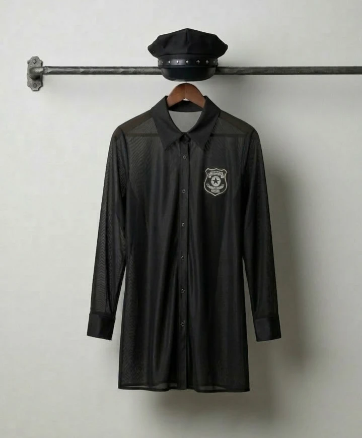 Black Mesh Police Costume Shirt and Hat Set