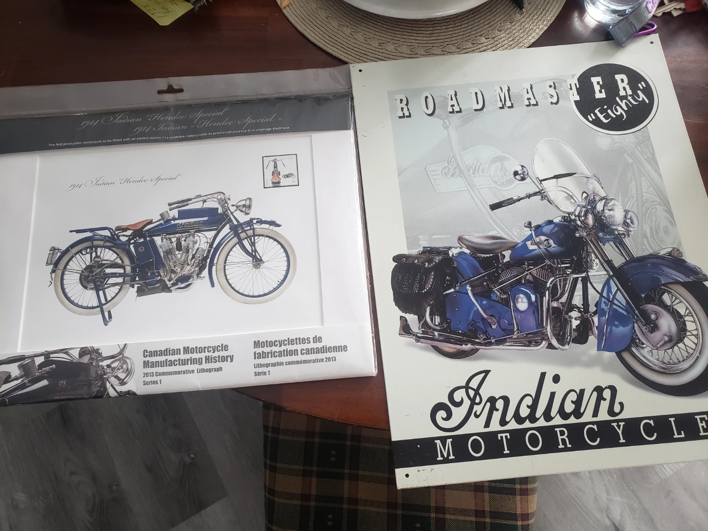 2 indian motorcycle pictures one metal.