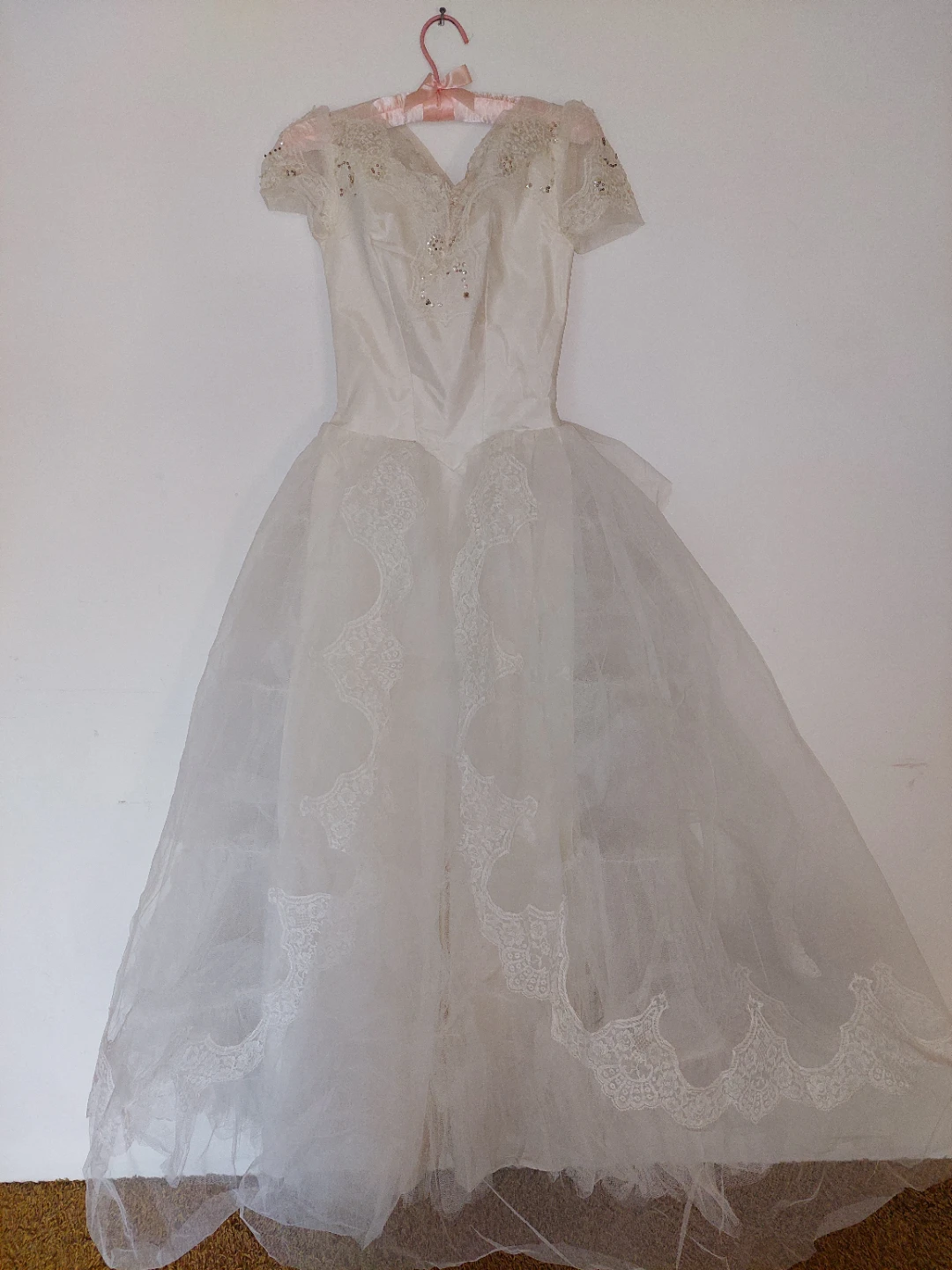 Vintage White Wedding Dress (1960s) with Lace and Beading