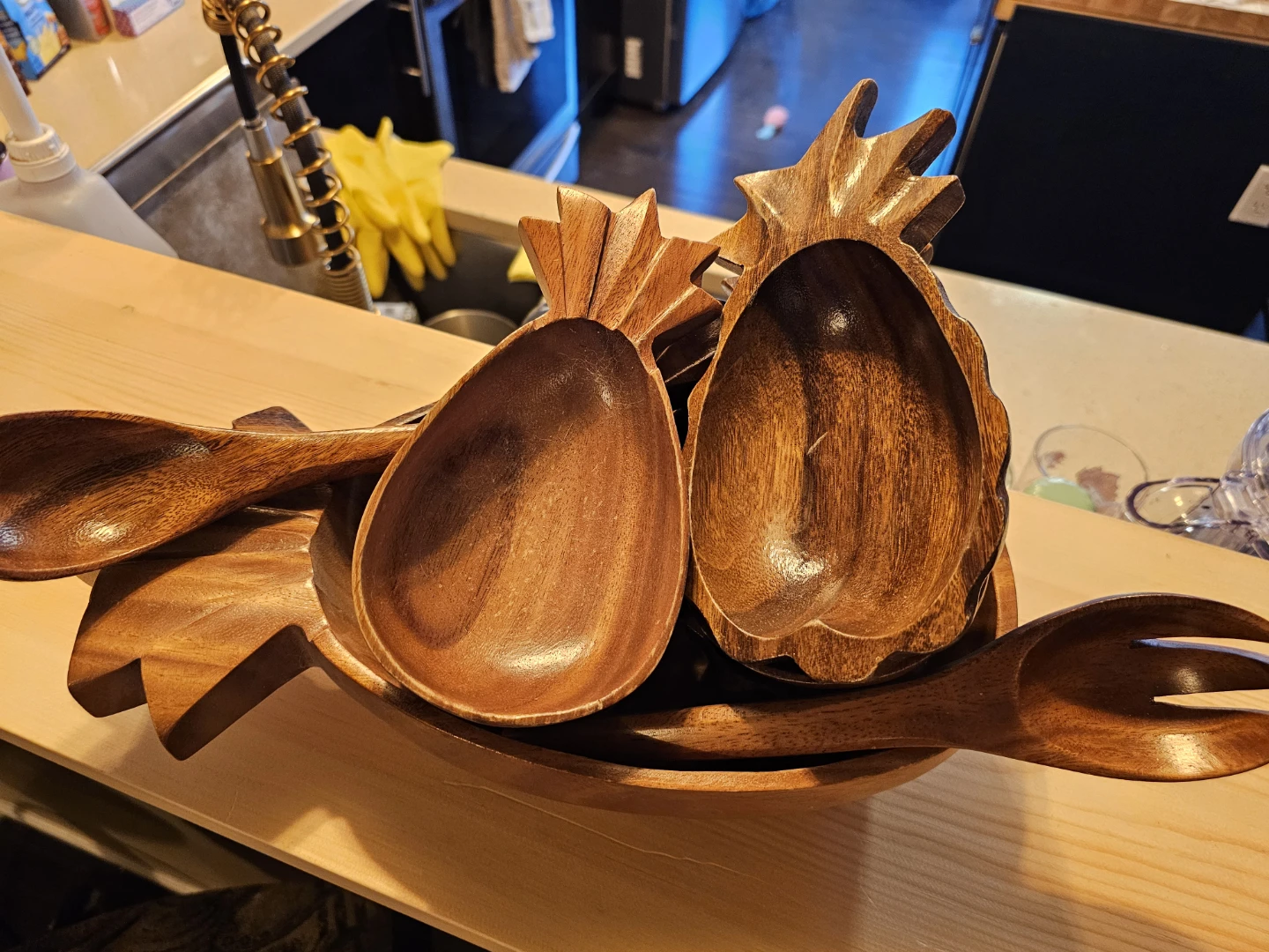 Wooden Pineapple Salad Bowl Set with Serving Utensils