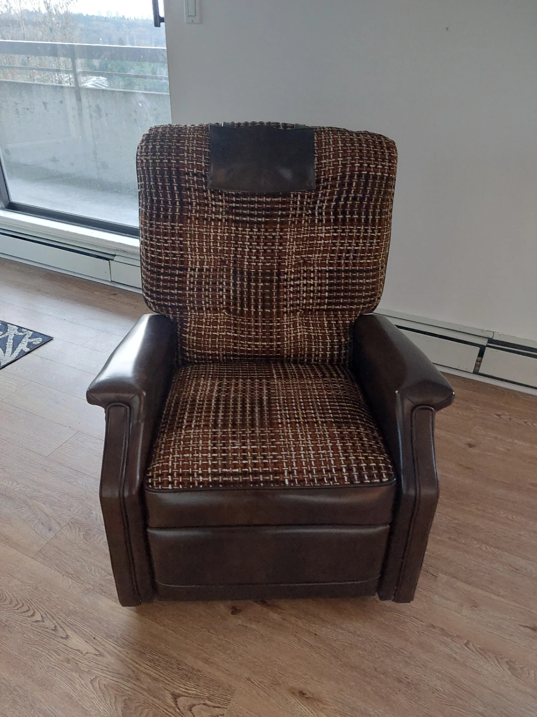 Brown Fabric and Faux Leather Recliner Chair vintage