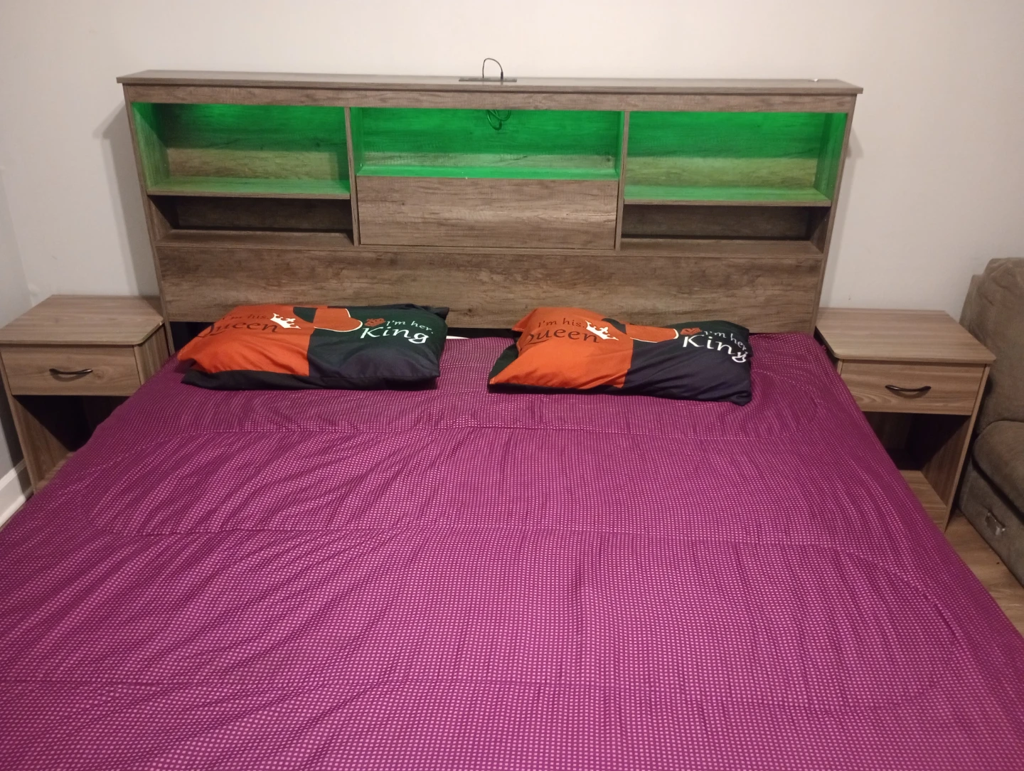 Queen Size Bed Frame with Headboard and Built-in Shelves