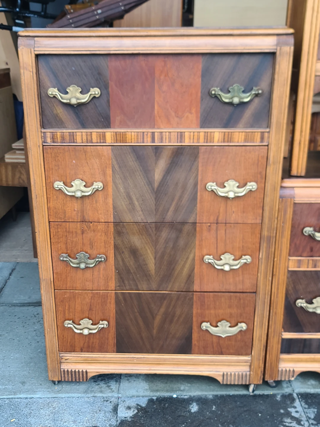 Vintage Art Deco Waterfall Bedroom Set – Vanity, Chest & Bench - photo 3