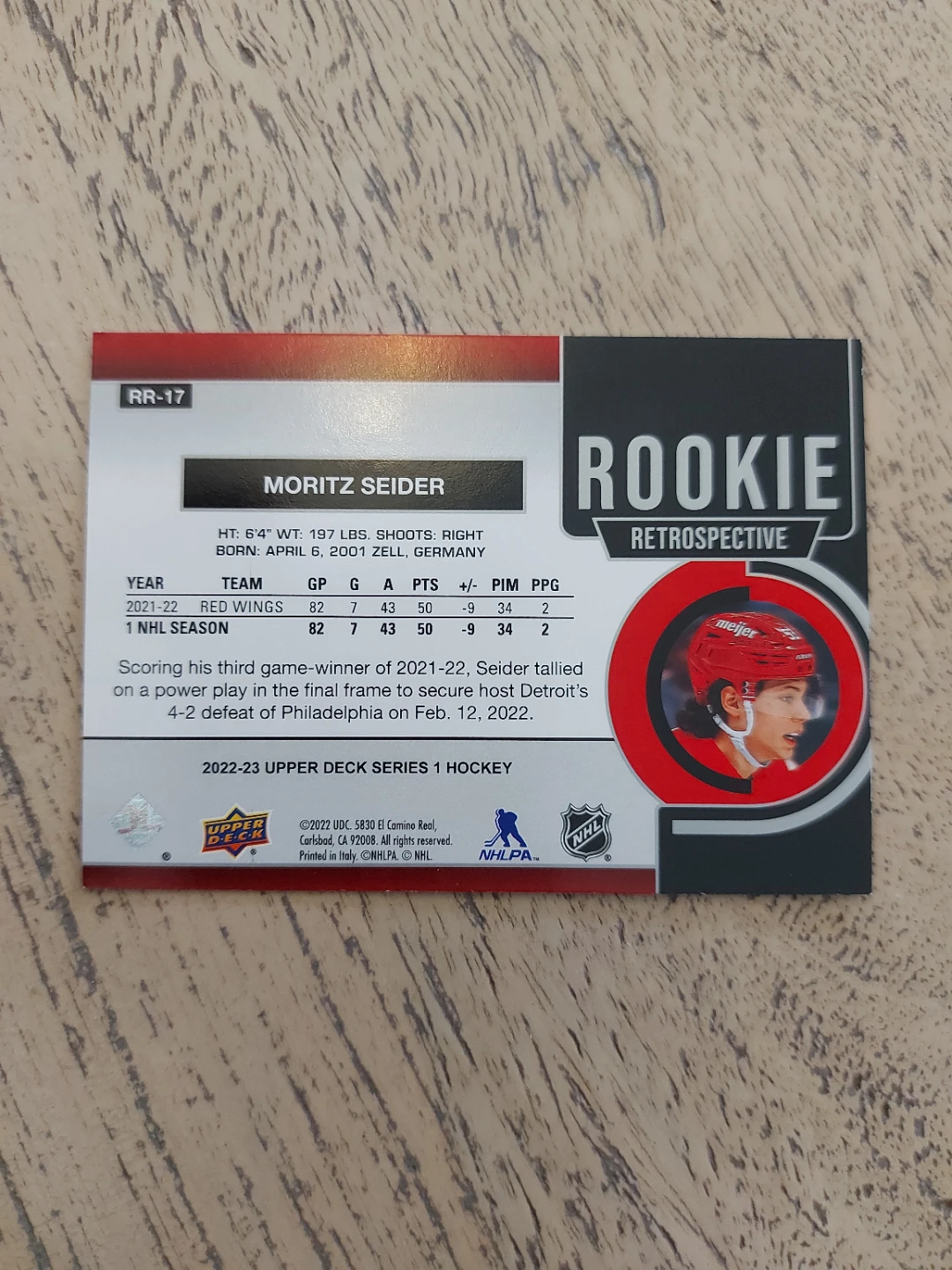 Upper Deck Rookie Retrospective Moritz Seider Hockey Card - photo 2