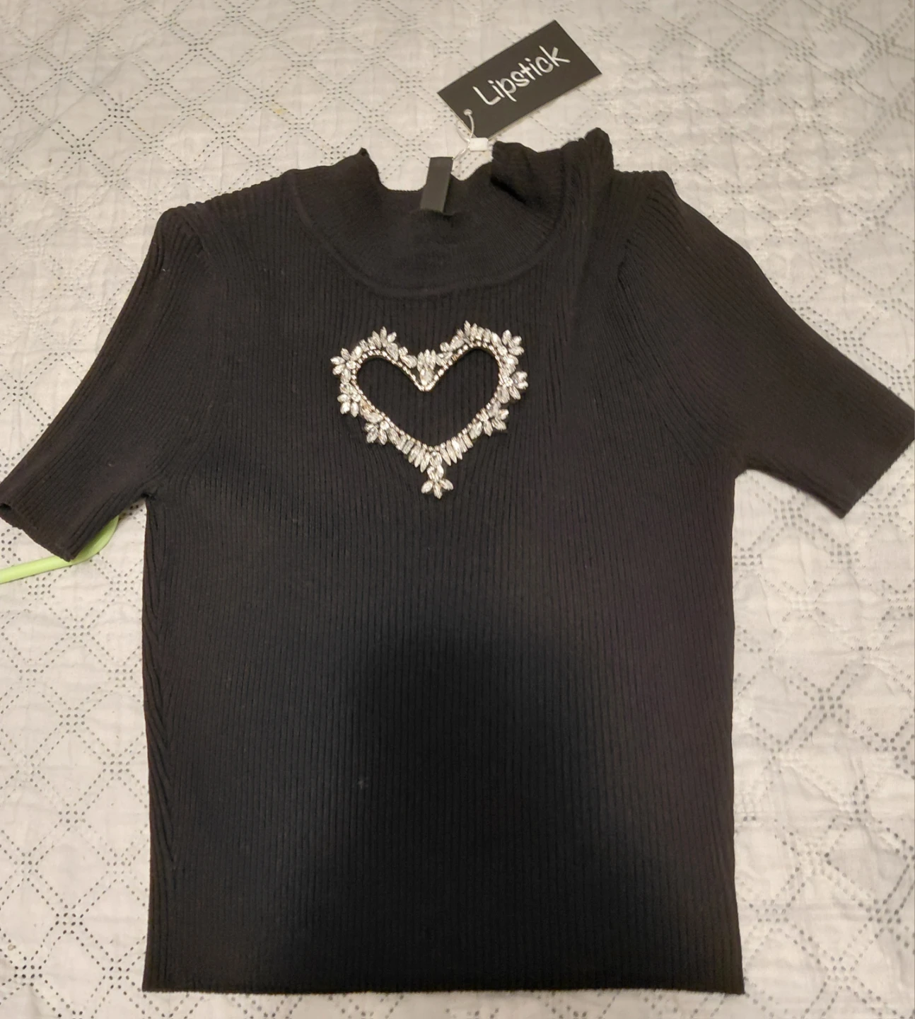 Lipstick Black Ribbed Knit Heart Rhinestone Top - photo 2