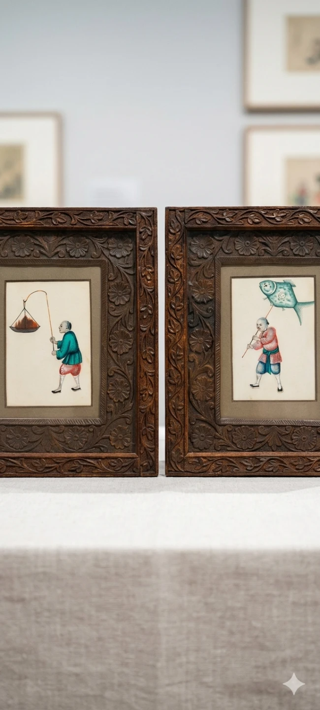 Antique Chinese Pith Paper Paintings-Pair in Hand-Carved Frames