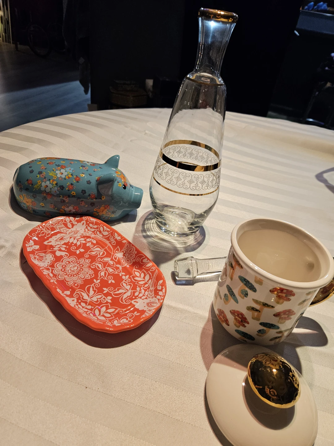 Decorative Glass Carafe, piggy butter container, Mug.