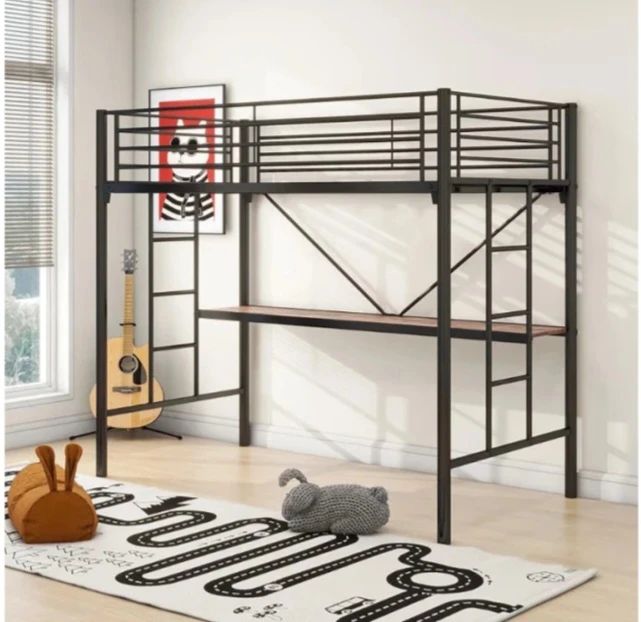 Black Twin Metal Loft Bed with Desk