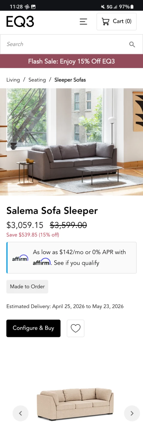 EQ3 Salema Sofa Sleeper(Non Smoking)