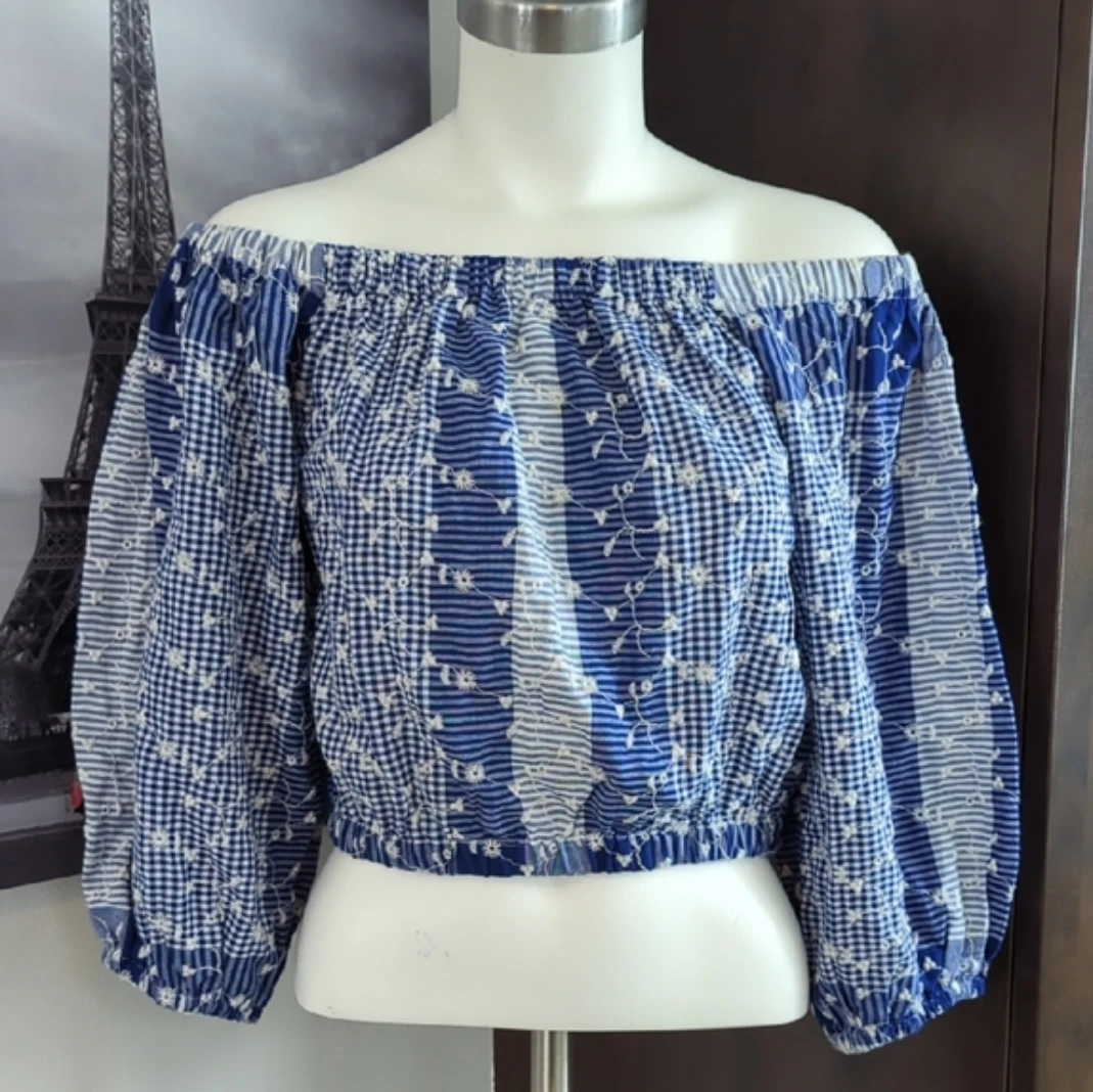 Forever 21 Blue & White Off-the-Shoulder Crop Top - Size S