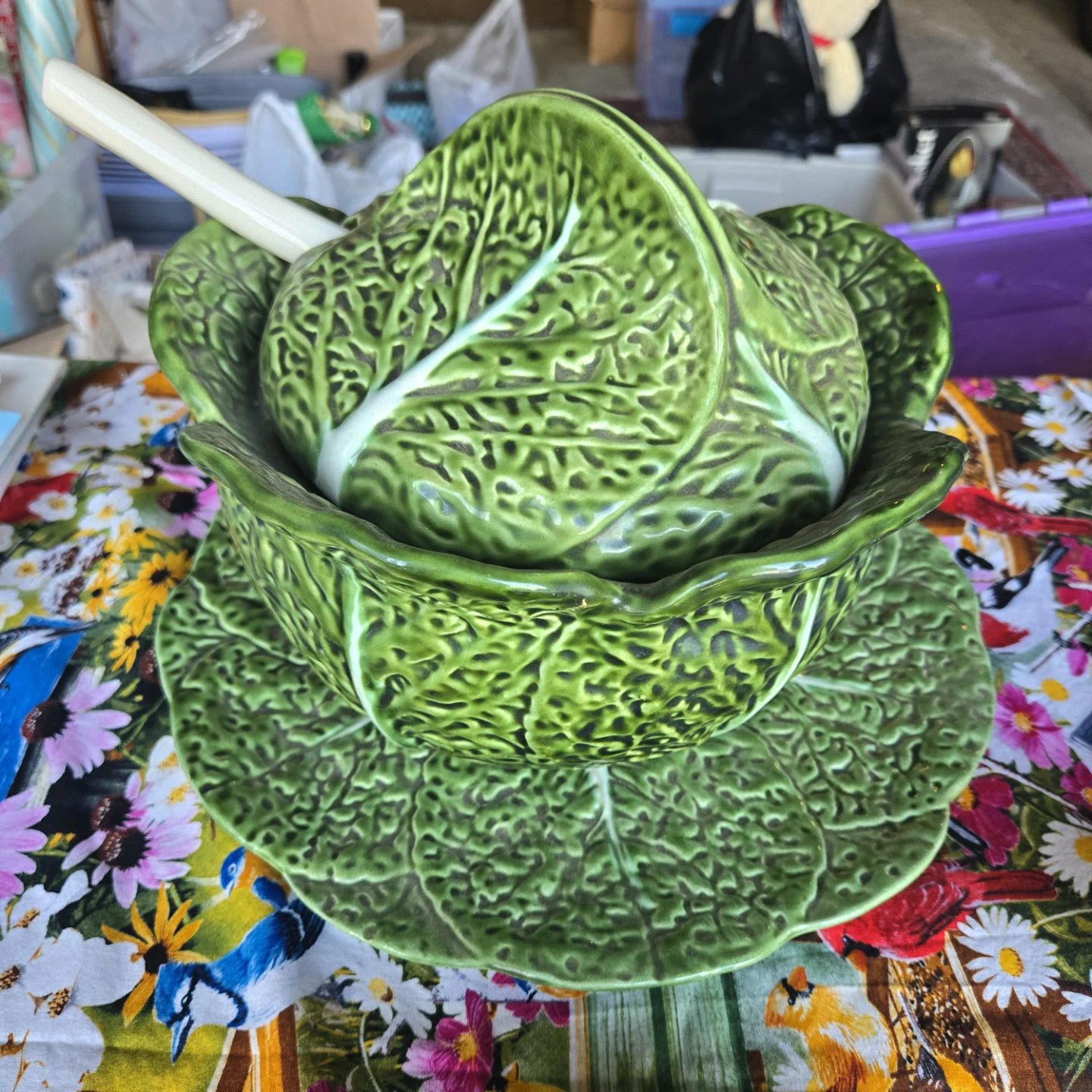 Vintage Ceramic Cabbage Vegetable Serving Bowl with Ladle