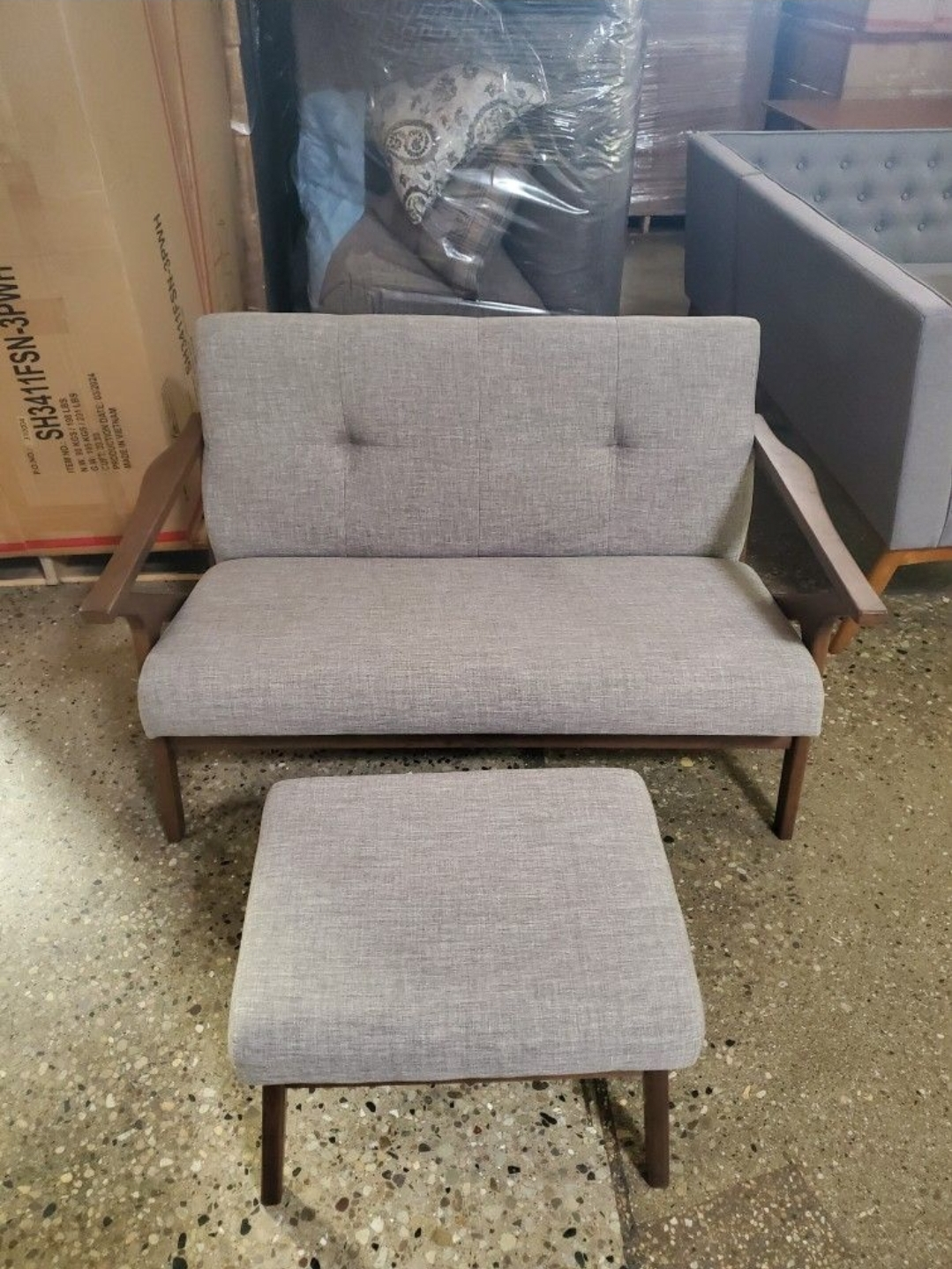 Mid-Century Modern Loveseat and Ottoman Set - Grey Fabric