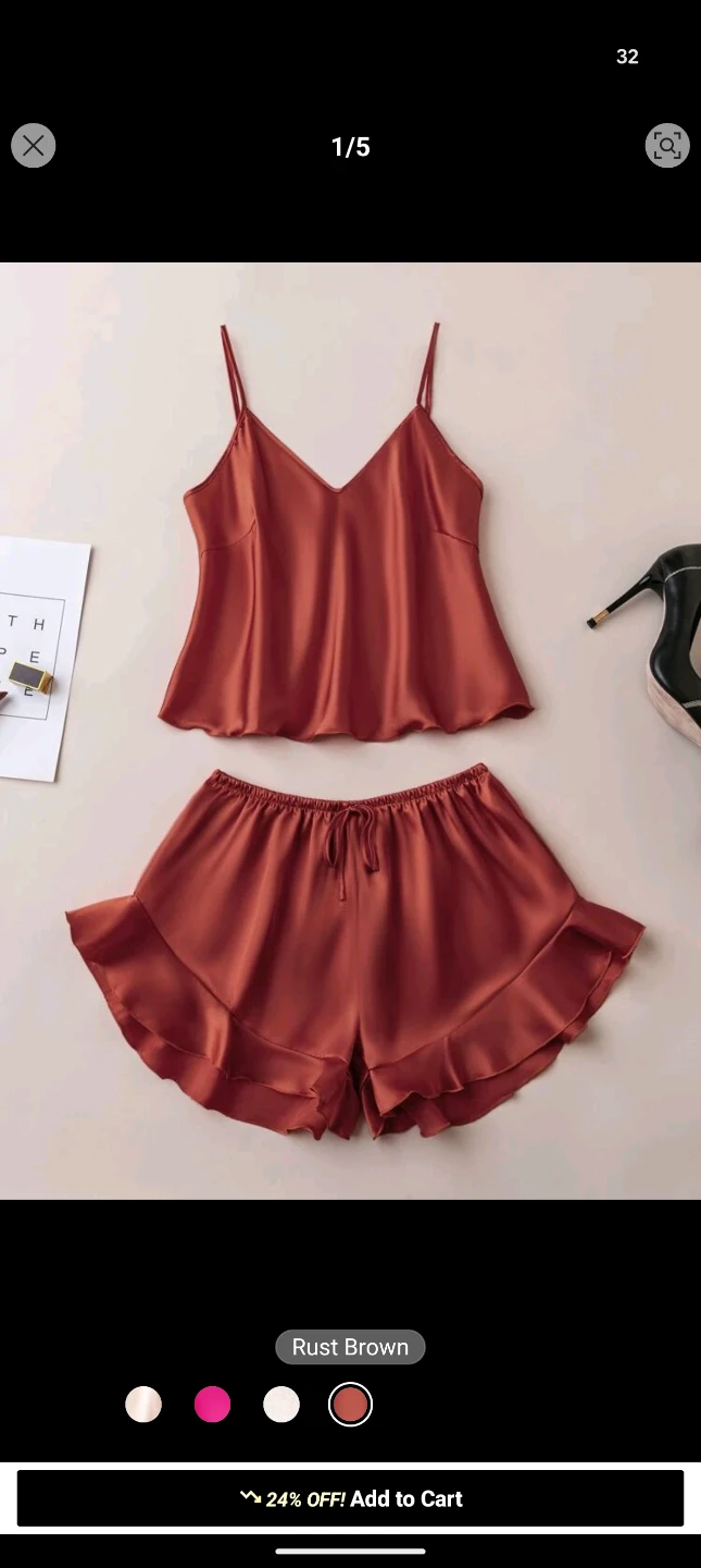 Rust Brown Satin Cami and Shorts Pajama Set (SHEIN)