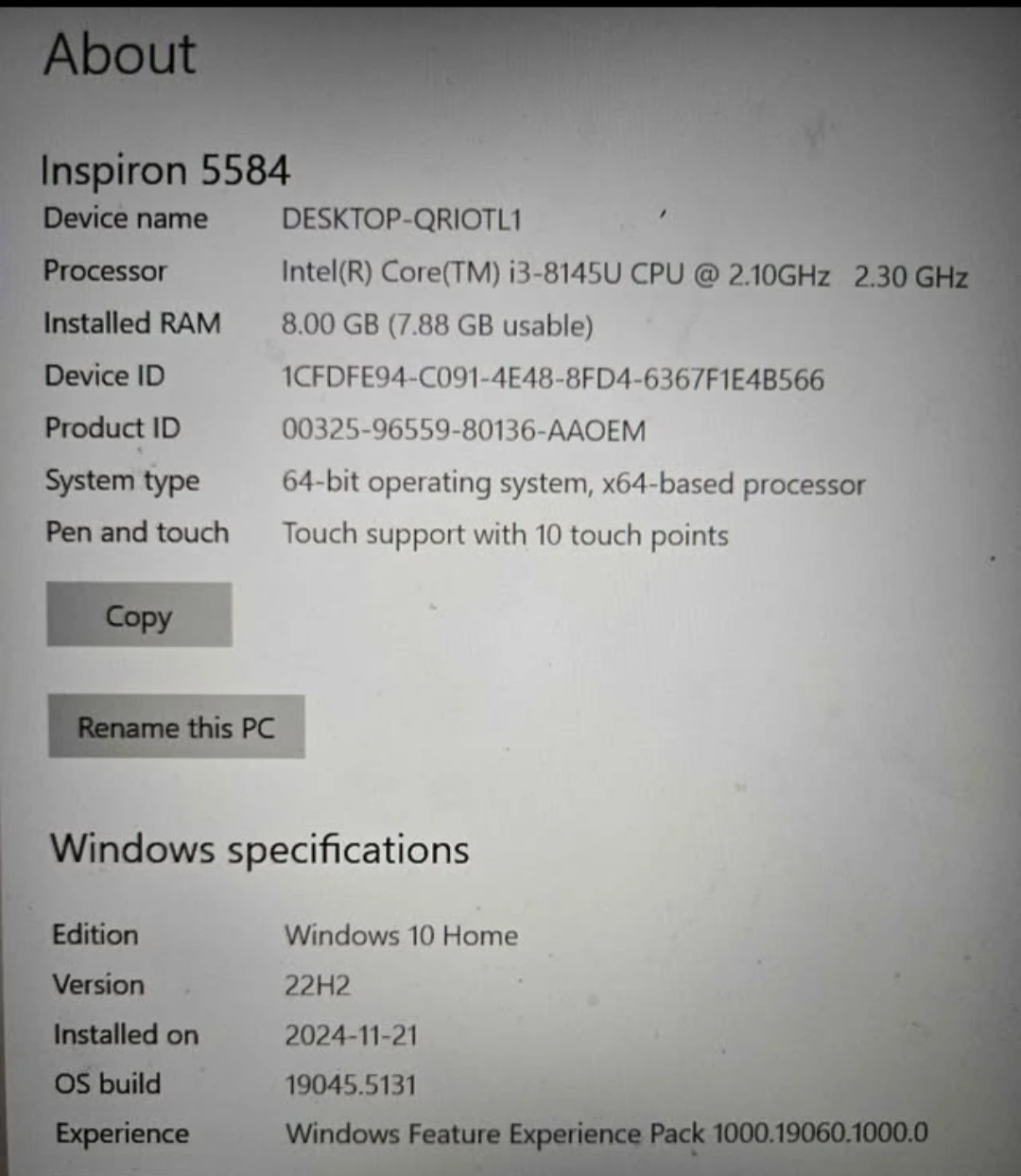 Dell Inspiron 5584 Laptop - Intel i3