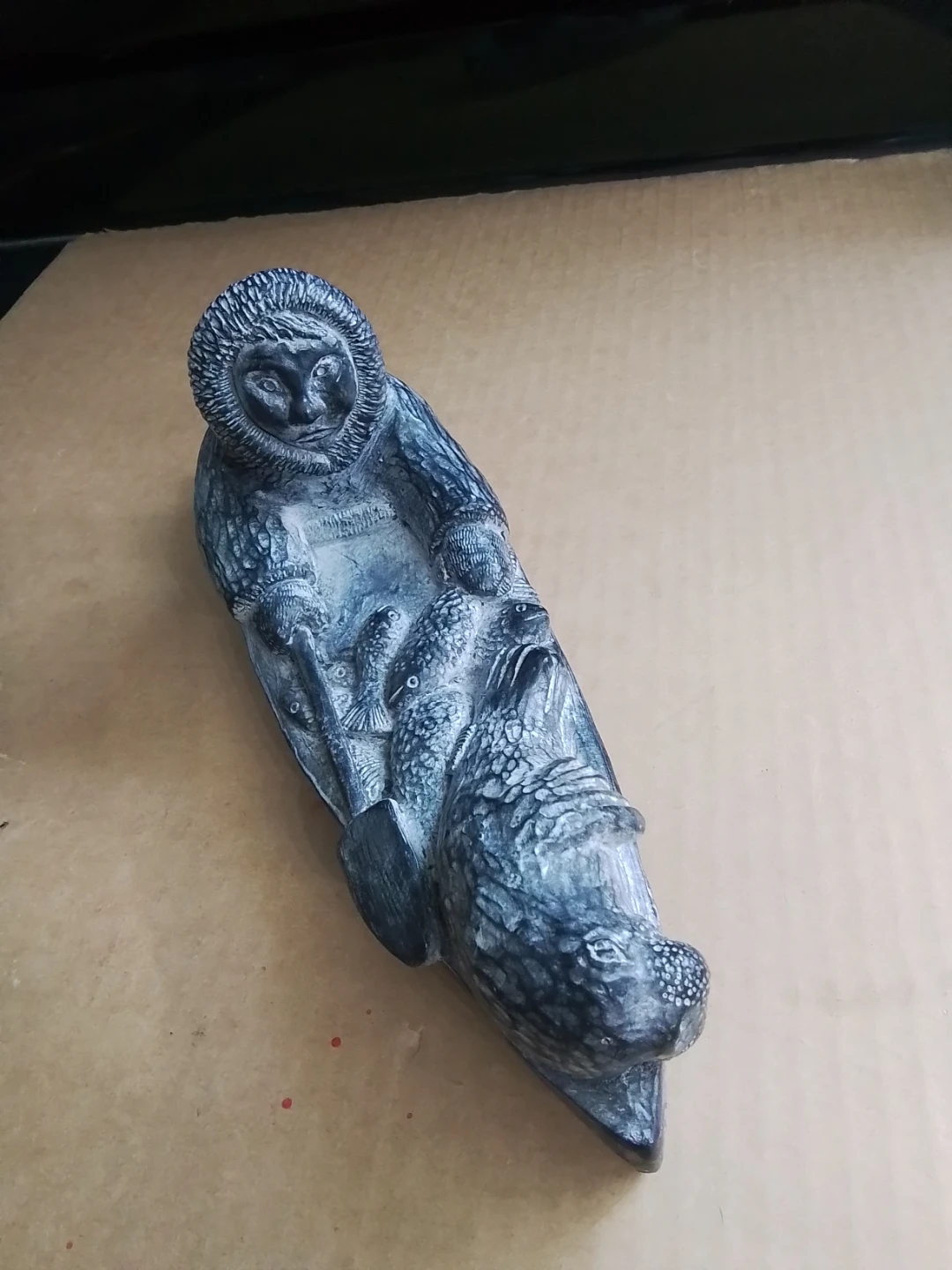 Inuk in Kayak Soapstone Carving NUVUK Canada 11x4"