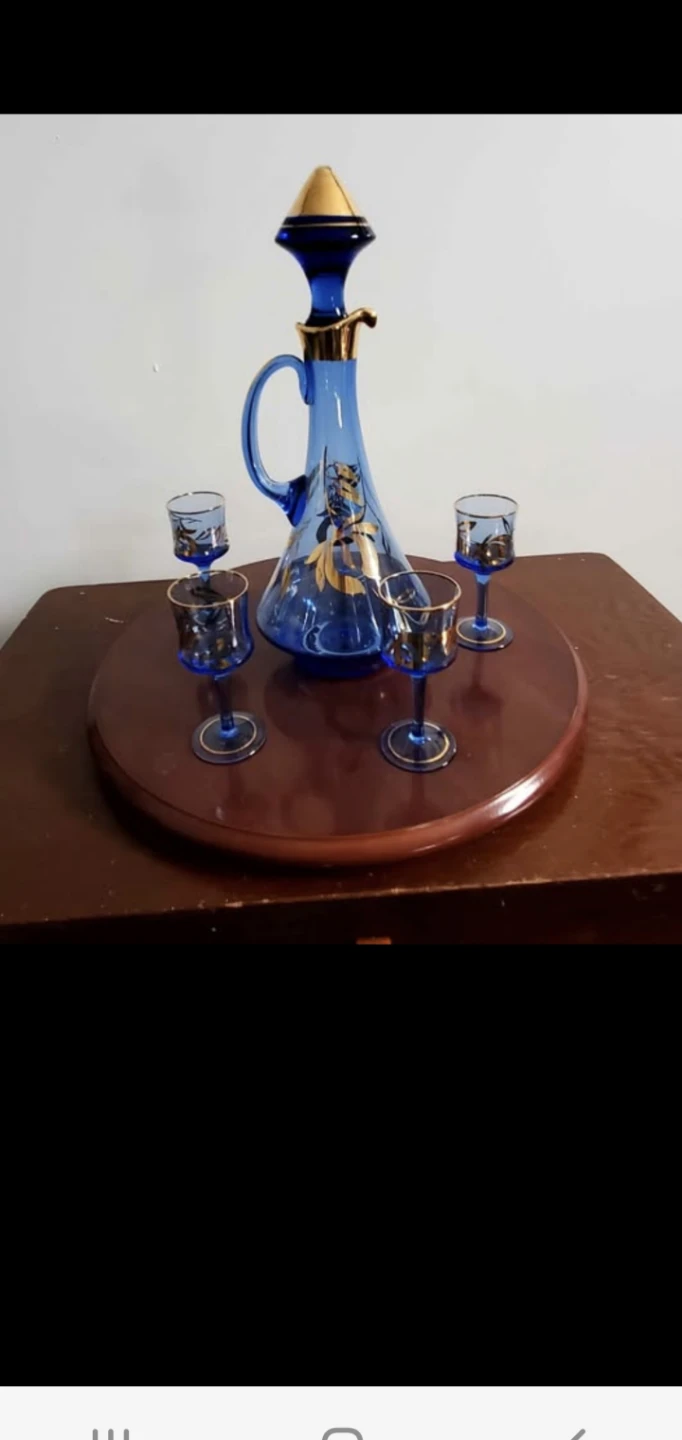 Blue Glass Decanter Set with Gold Accents
