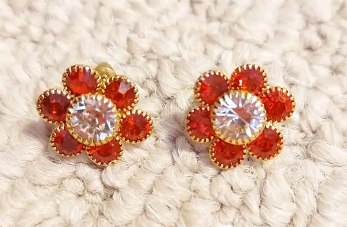 Gold Flower Earrings with Red and Clear Stones