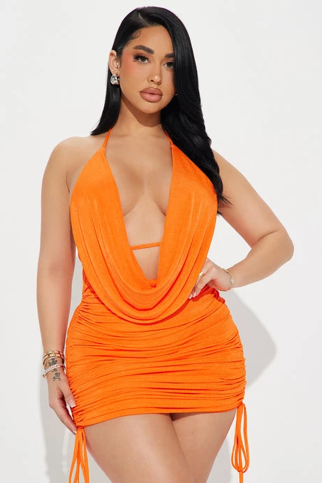 Orange Ruched Halter Dress
