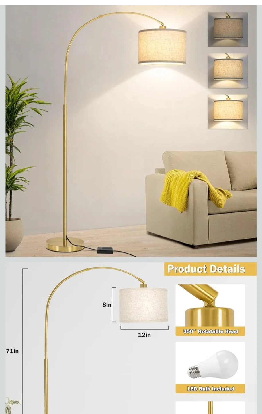 Gold Arc Floor Lamp with Linen Shade & LED Bulb