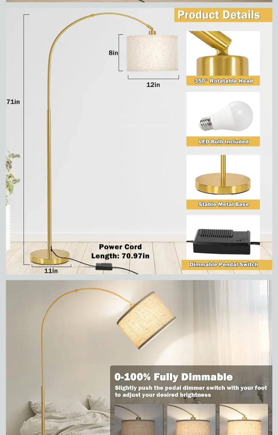 Gold Arc Floor Lamp with Linen Shade & LED Bulb - photo 2
