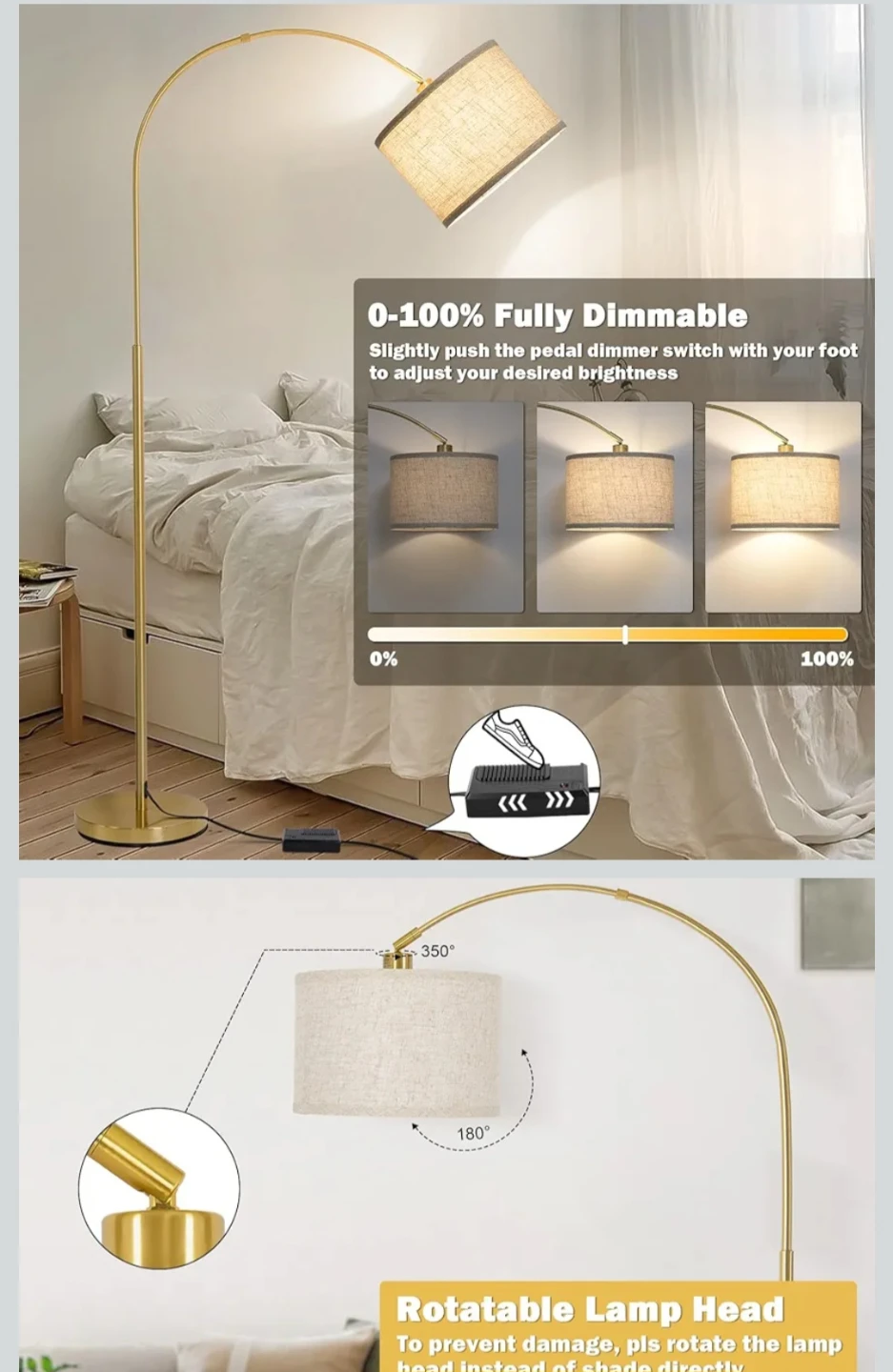 Gold Arc Floor Lamp with Linen Shade & LED Bulb - photo 3