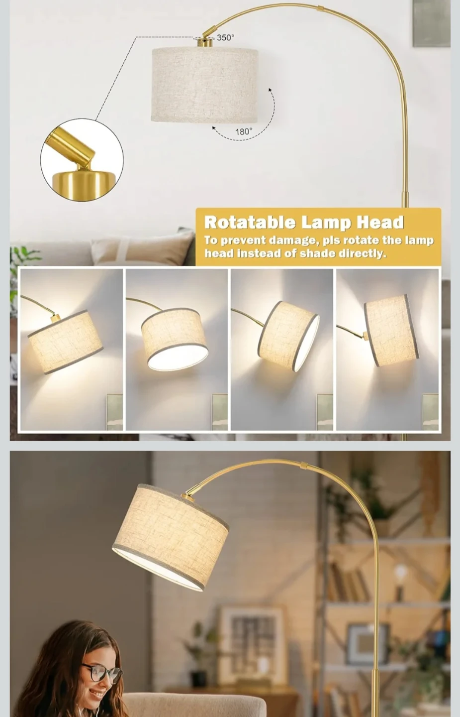 Gold Arc Floor Lamp with Linen Shade & LED Bulb - photo 4