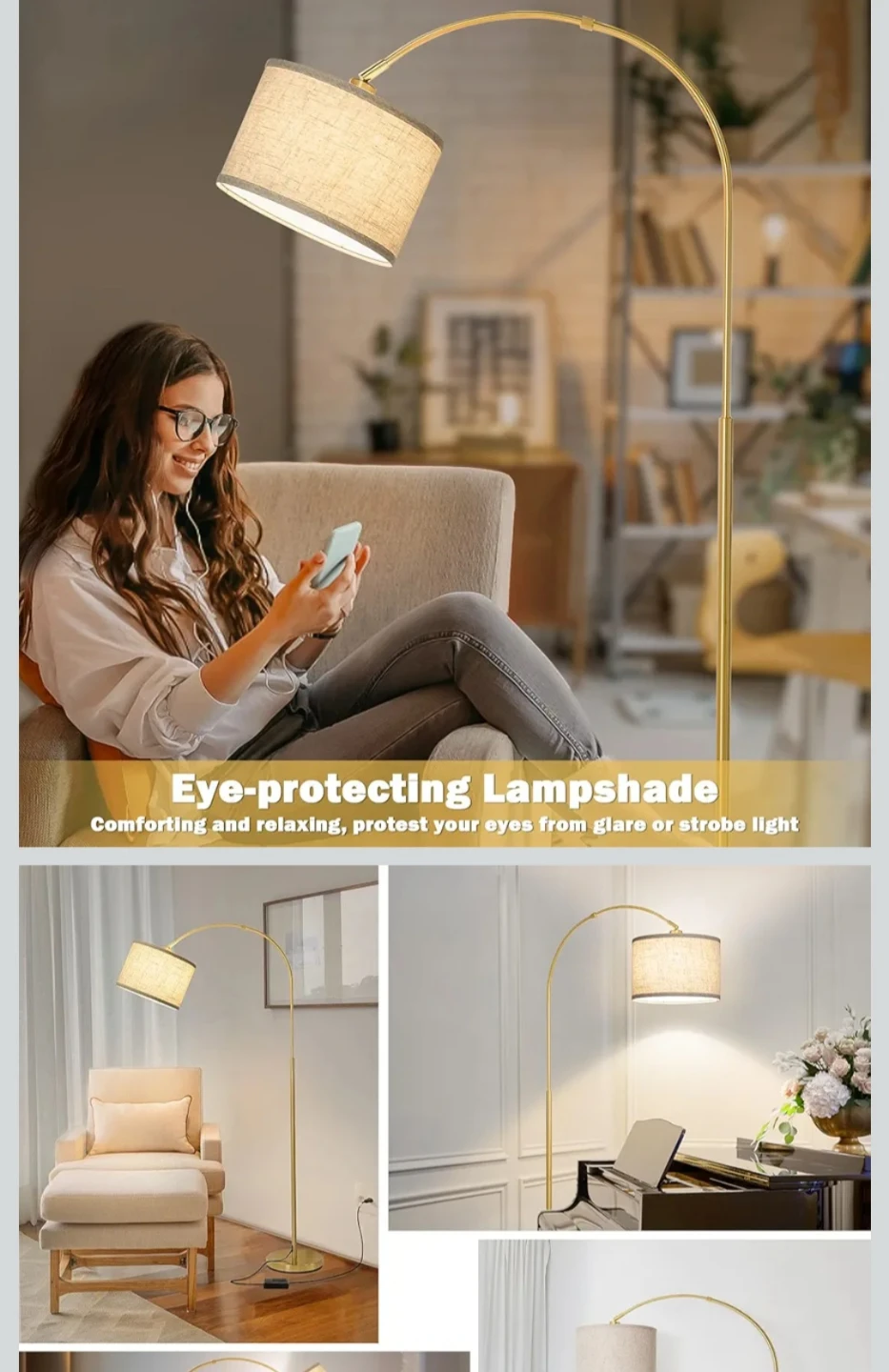 Gold Arc Floor Lamp with Linen Shade & LED Bulb - photo 5